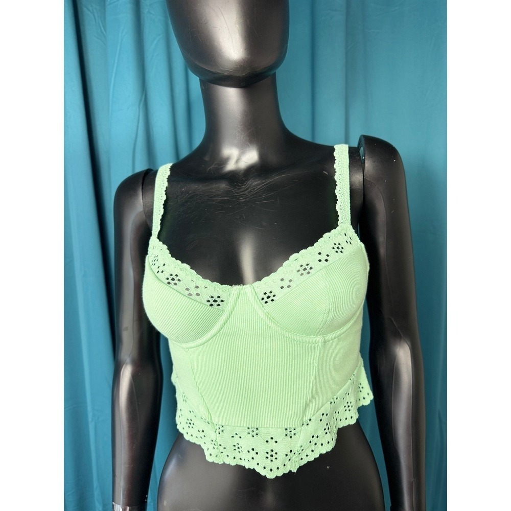 Colsie‎ Corset Crop Top Green Ribbed Eyelet Lace Up Tie Back Adjustable Strap S